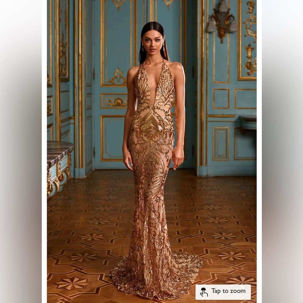 Alamour The Label Gold Embellished Plunge Sheath Gown
